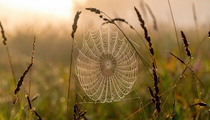 Delicate Dew-Kissed Spiderweb in a Green Field at Sunrise with Sunlight and Silhouettes