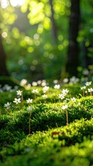 Dense Green Moss With Tiny White Blooms Lit By Sunlight In A Forest Setting