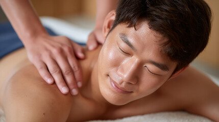 A young man enjoying a relaxing shoulder massage in a calm spa environment with closed eyes and peaceful expression