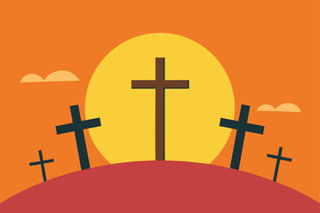 Sunset Silhouette Crosses on Hilltop, Religious Symbolism