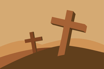 Two Handmade Wooden Crosses On Morning Hillside Sunrise