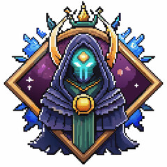 Mystical Hooded Figure with Glowing Eyes in Pixel Art Style Featuring Intricate Crown and Magical Aura