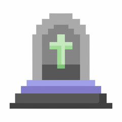 Obraz premium Pixel Art Gravestone with Green Cross on Gradient Steps in Minimalist Design