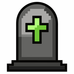 Obraz premium Pixel Art Tombstone Icon with Green Cross Minimalist Digital Gravestone Graphic