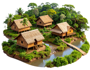 Isometric Amazon Jungle Village Model, Transparent