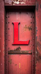 Distressed Steel Elevator Door with Red Letter L Showing Aged and Rusty Metal Texture
