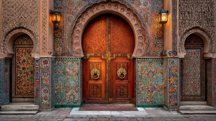 Ornate Wooden Door with Colorful Mosaic Tiles in Moroccan Architecture