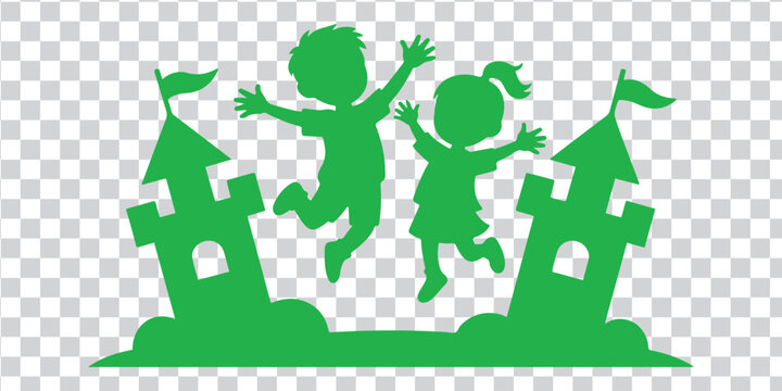 Children jumping happy castle green