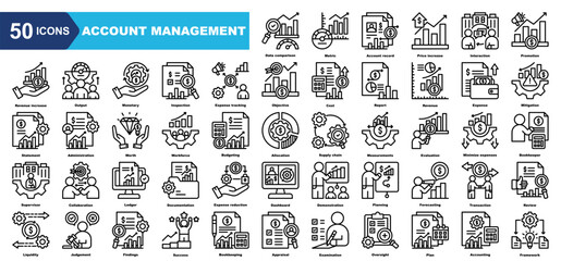 Account Management icon collection set.Data comparison,Metric,Account record,Price increase,Interaction,Promotion,Revenue increase.Simple line vector.