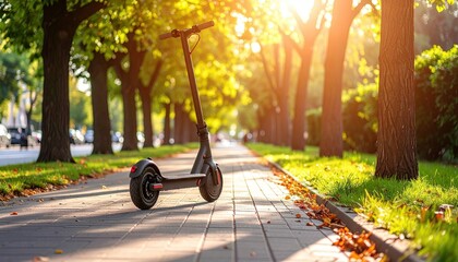 Electric Scooter Parked Beside Lined Trees on a Paved Bike Lane in a City during Sunny Day