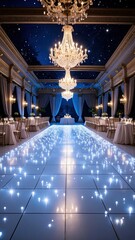 Elegant Ballroom Interior Illuminated by Chandeliers with Sparkling Crystal Floor Beneath a Starry Night Sky