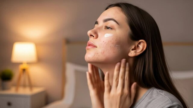 Night time Skincare Routine Woman Applying Moisturizer for Glowing Skin