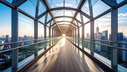 Elevated Glass Pedestrian Walkway With City Skyline And Sunlight Shining Through Creating A Perspective View