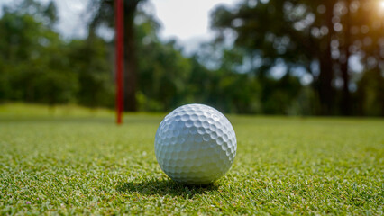 Golf ball on green grass in the evening golf course with sunshine background.