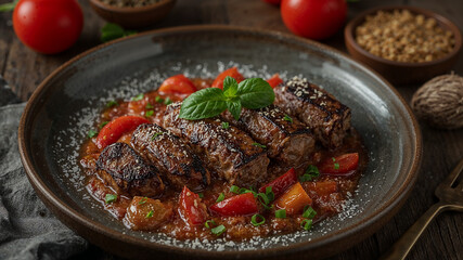 Fototapeta premium Grilled beef rolls with tomato sauce and grated cheese sprinkled on top