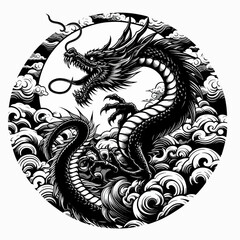 Obraz premium Stylized graphic illustration of a dragon in a circular design. The dragon is portrayed with exaggerated features and a bold style.