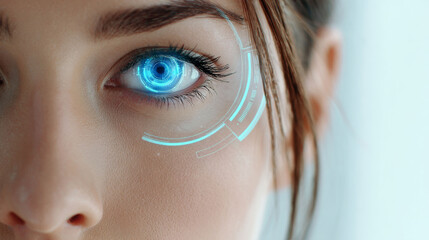 Close up of human eye with futuristic digital interface glowing blue, showing advanced technology and AI vision concept