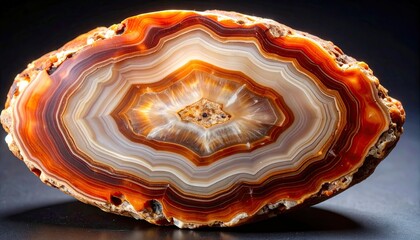 Exposed Section of Petrified Wood Showing Concentric Growth Rings with Warm Brown and White Banding on Black Background