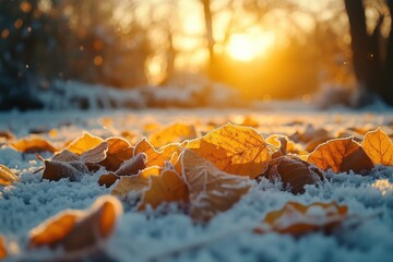 Sunrise highlights frosty autumn leaves blanketed in fresh snow in a serene landscape, Sunrise through frosty autumn leaves covered in snow Winter morning nature concept