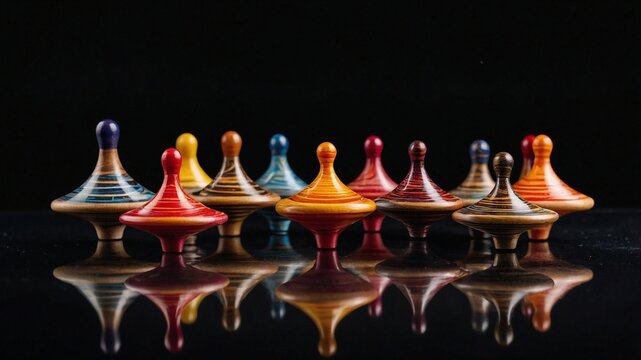 Image showcases a collection of intricately designed spinning tops arranged in a row on a reflective black surface.