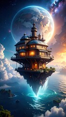 Fantastic Floating Structure Above Cloudy Planet Illuminated By a Large Moon and Starry Sky