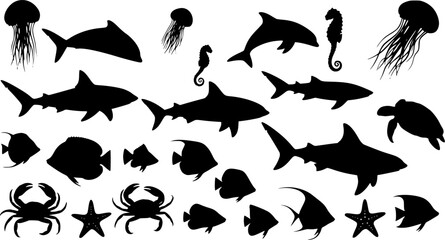 silhouettes of marine animals, vector, black and white
