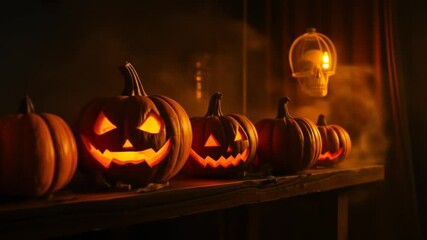 Halloween pumpkin on neon wood with smoke. Halloween background with copy space. 4k video - Powered by Adobe