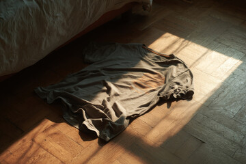 Crumpled t shirt lying on floor, create scene of forgetfulness and carelessness