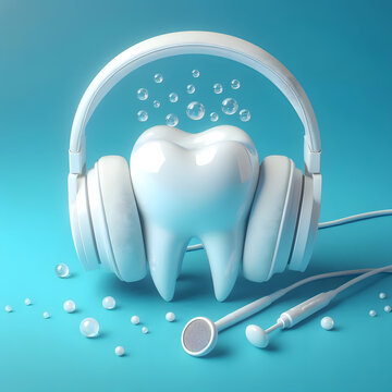  white teath with headphones on blue background, dental care concepts