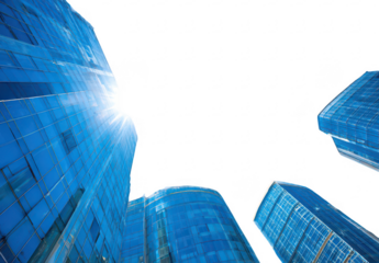 Low-angle view of modern skyscrapers. Sunlight streams through glass