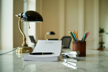 A photograph of an assortment of office supplies arranged neatly on a polished white marble table