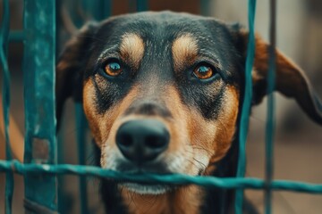 Vibrant Color Visual of Closeup of Dog Behind Fence