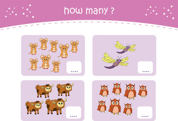 Fototapeta premium Count and match activity page for kids with cute wild animals. Elementary math for preschool and kindergarten. Vector illustration