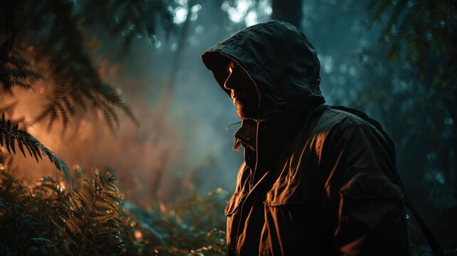 Guerrilla warfare, setting a booby trap in a dark forest, shadows playing tricks, cunning, cinematic survival.