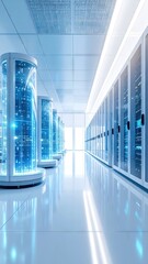 Futuristic Data Storage Spires in a Sterile White Laboratory Interior Illuminated with Bright Blue Lights