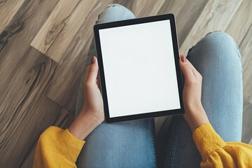 Flawless Visual of From Above Woman Using Tablet on Floor