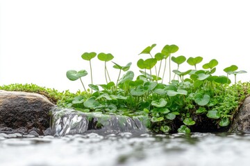 Watercress Growing by a Stream in Nature Isolated on White Background, Depth of Field