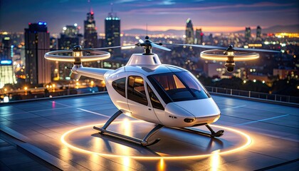 Futuristic Flying Taxi Vessel Hovering Above Rooftop Helipad At Night With Illuminated Circle