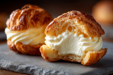Cream filled choux pastry shows an appetizing inside