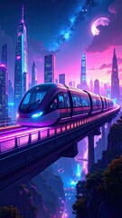 Futuristic Monorail Traveling Above A Neon Lit Cityscape At Night With Pixelated Detail