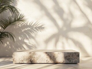 high definition image of Natural stone podium with palm shadow and sunlight perfect for summer product placement in a brand showroom high detail 8k