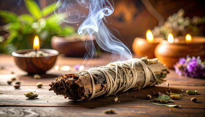Gentle Curl Of Herbal Smudge Stick Smoke With Burning Candles On Wooden Surface