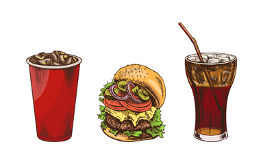 Hand drawn vintage sketch of soda drink and burger combo, colored  fast food vector illustration