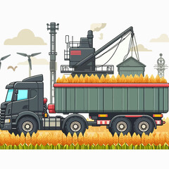 Modern agricultural truck carries a full load of harvested golden grain across a field, surrounded by rural landscape elements.