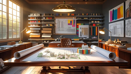 Architect s desk with blueprints and colorful design elements bathed in warm sunlight
