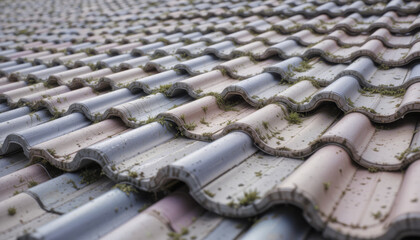Close up view of weathered, multicolored tiled roof with moss growing between tiles, showcasing texture and natural aging process