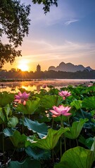 Giant Pink Lotus Blossoms on a Pond Reflecting a Waking Sunrise with Tranquil Atmosphere