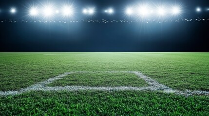 Obraz premium Night stadium view, illuminated field, corner markings.