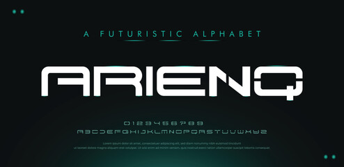 Techno Futuristic Font Alphabet – Abstract Digital Typeface for Sci-Fi, Sport, and Modern Logo Design. vector illustration