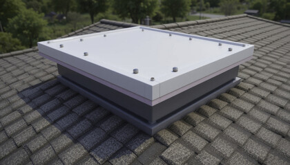 Modern skylight with sleek design is installed on tiled roof, surrounded by lush greenery. skylight features rectangular shape with white frame and multiple bolts securing it in place